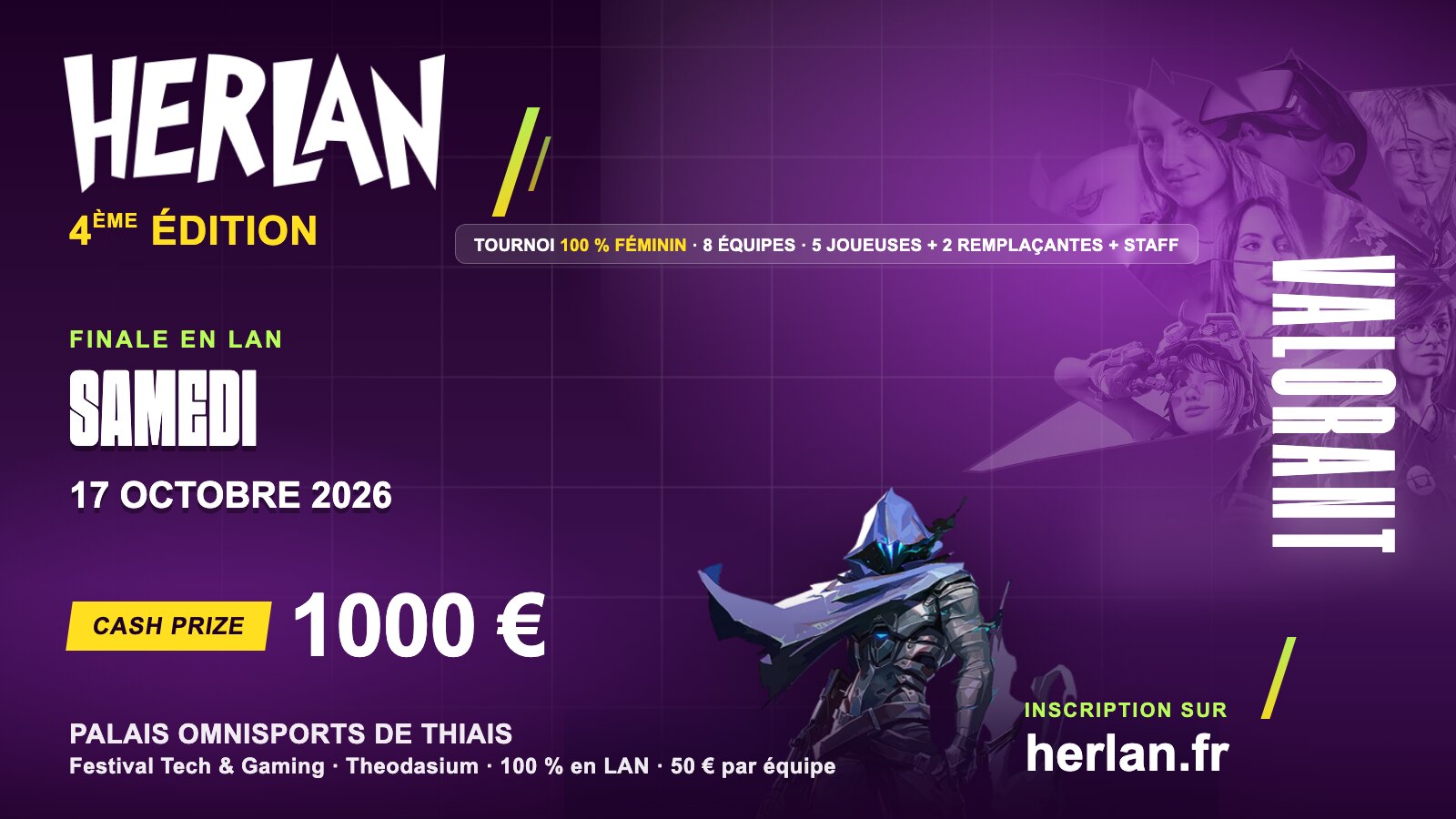 Affiche HERLAN 4 – tournoi Valorant, finale le 17 octobre 2026 au Palais Omnisports de Thiais, cash prize 1 000 €